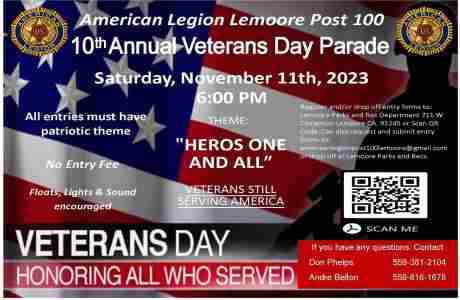 American Legion Post 100 Lemoore Veterans Day Parade November 11, 2023 6:00 PM in Lemoore on 11 Nov