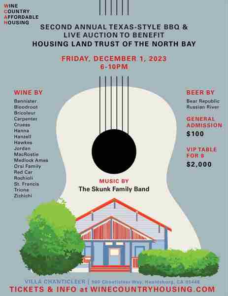 Second Annual Texas-Style BBQ and Auction to Benefit the Housing Land Trust of the North Bay in Healdsburg on 1 Dec