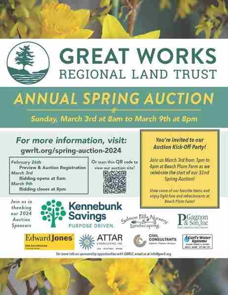 Great Works Regional Land Trust Annual Auction virtual March3-March 9 GWRLT.org/events in Maine on 3 Mar