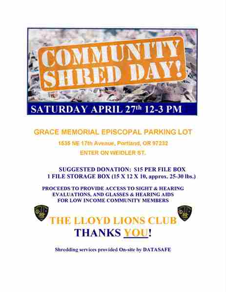 On-site Secure Paper Shredding event benefits community members in needs of Sight and Hearing in Portland on 27 Apr