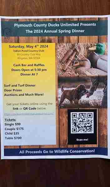 Plymouth County Ducks Unlimited - 2024 Annual Spring Dinner/Auction, May 4th Indian Pond CC in Kingston on 4 May