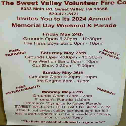 Sweet Valley Fire Company Carnival in Sweet Valley on 24 May