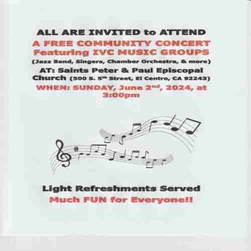 All Invited to FREE Community Concert Featuring IVC Groups (Jazz Band, Singers, Chamber Orchestra) in El Centro on 2 Jun