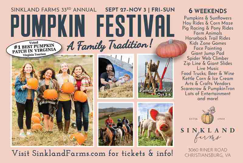 Sinkland Farms 33rd Annual Pumpkin Festival in Christiansburg on 27 Sep