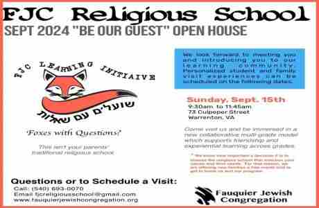 Sun Sept 15: BE OUR GUEST 1st Day of Religious School/Teen Program and Open House in Virginia on 15 Sep