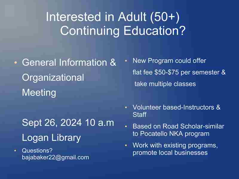 New Adult (50+) Continuing Education Program in Logan on 26 Sep