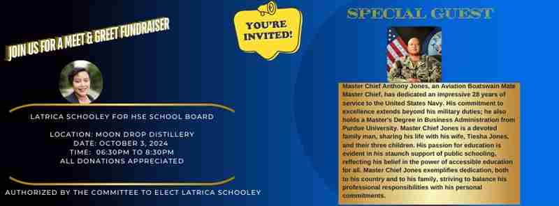 Meet The Candidate Fundraiser for Latrica Schooley HSE School Board at Moon Drops Distillery in Fortville on 03 October 2024