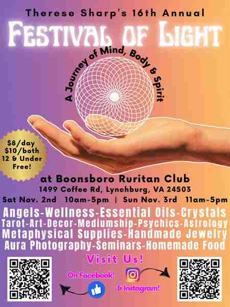 16th Annual Festival of Light-2024, Nov 2nd & 3rd, Boonsboro Ruritan Club 1499 Coffee Rd, Lynchburg in Lynchburg on 2 Nov