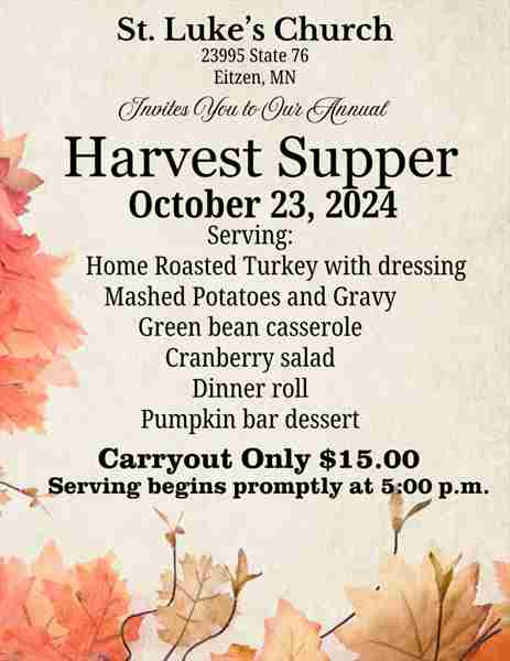 St. Luke's of Eitzen's Annual Harvest Supper in Eitzen on 23 Oct