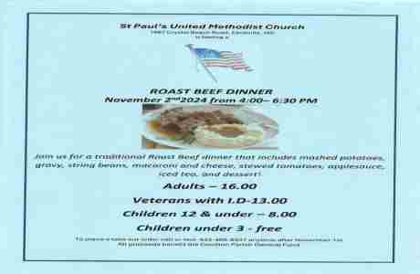 Cecilton UM Parish Roast Beef Dinner in Earleville on 2 Nov