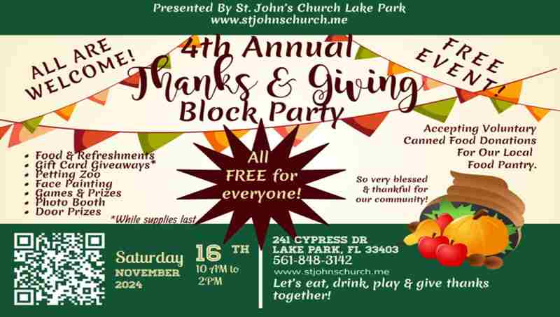 4th Annual Thanks and Giving Block Party November 16, 2024 at 241 Cypress Drive, Lake Park, FL 33403 in Florida on 16 Nov