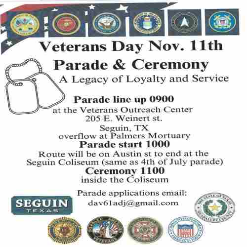 Guadalupe County Veterans Council Veteran’s Day Parade and Event in Seguin on 11 Nov