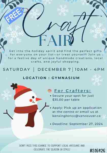 Kensington Holiday Craft Fair in Vancouver on 7 Dec