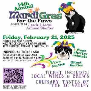 Mardi Gras for the Paws ~ 14th Annual Benefit Auction for LCAS in Lewiston on 21 Feb