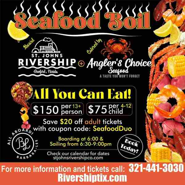 St Johns Rivership Co: Seafood Boil on the Barbara-Lee Dinner Cruise with Anglers Choice in Sanford on 23 March 2025